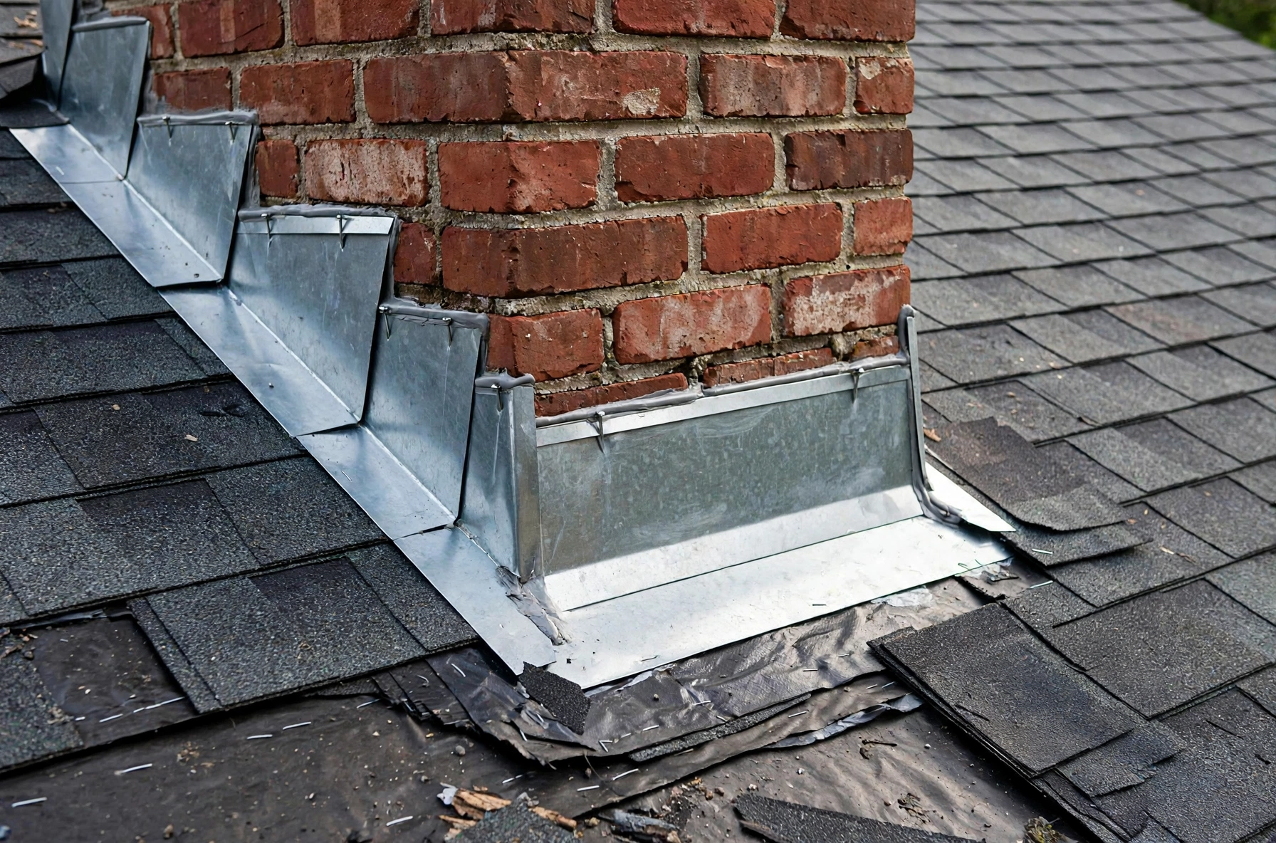Roofer repairing chimney flashing during a free roof inspection in Owasso
