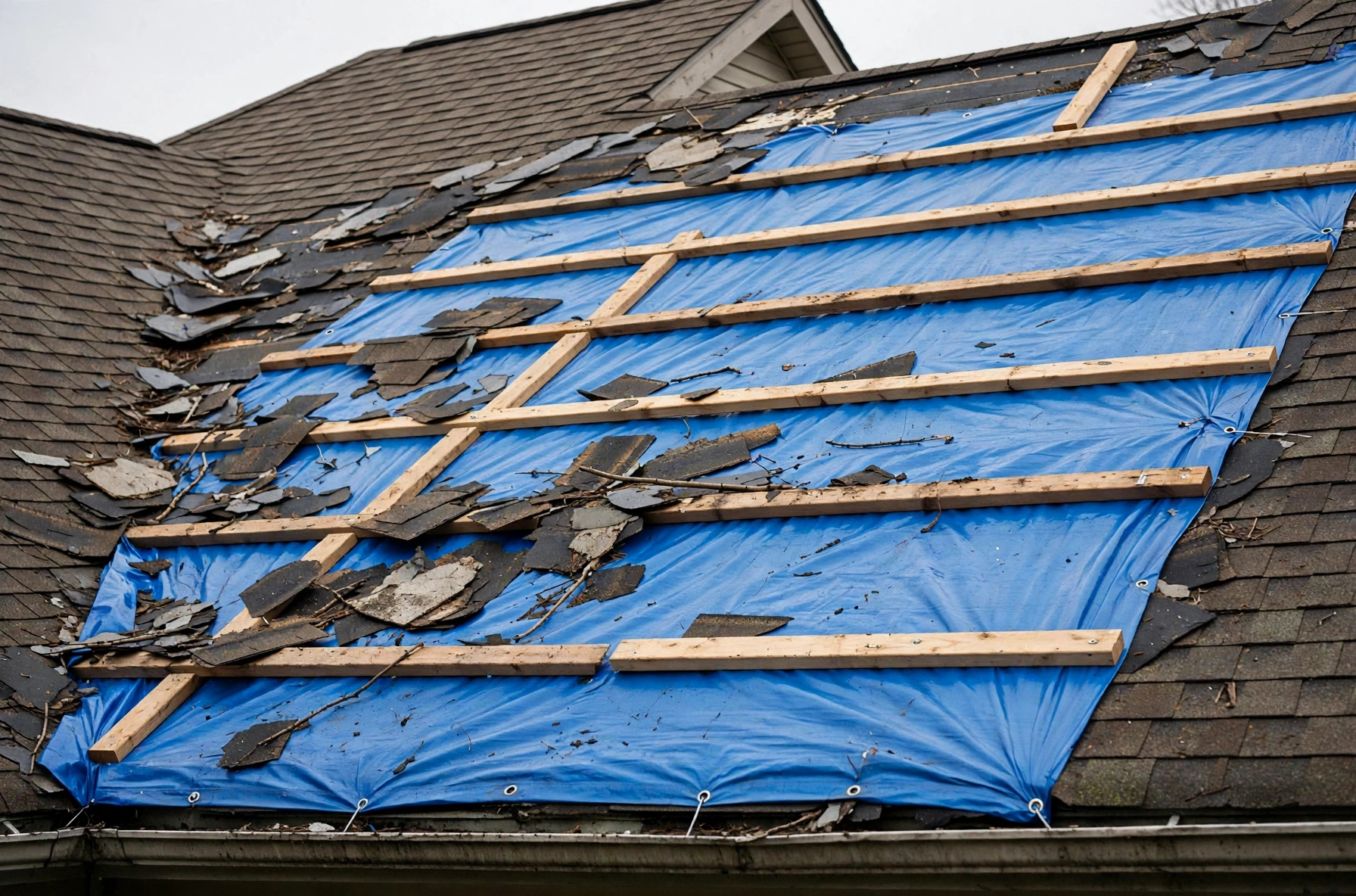 Emergency roof tarp secured over storm-damaged shingles on an Owasso home after high winds