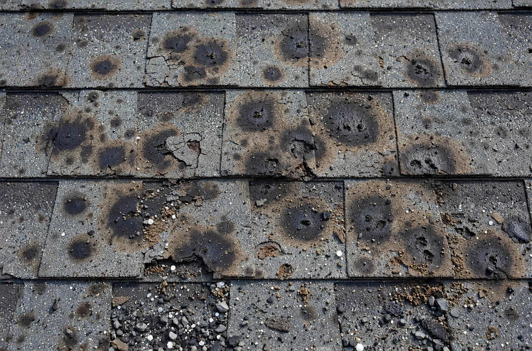 Hail-damaged shingles with bruised mats on an Owasso roof