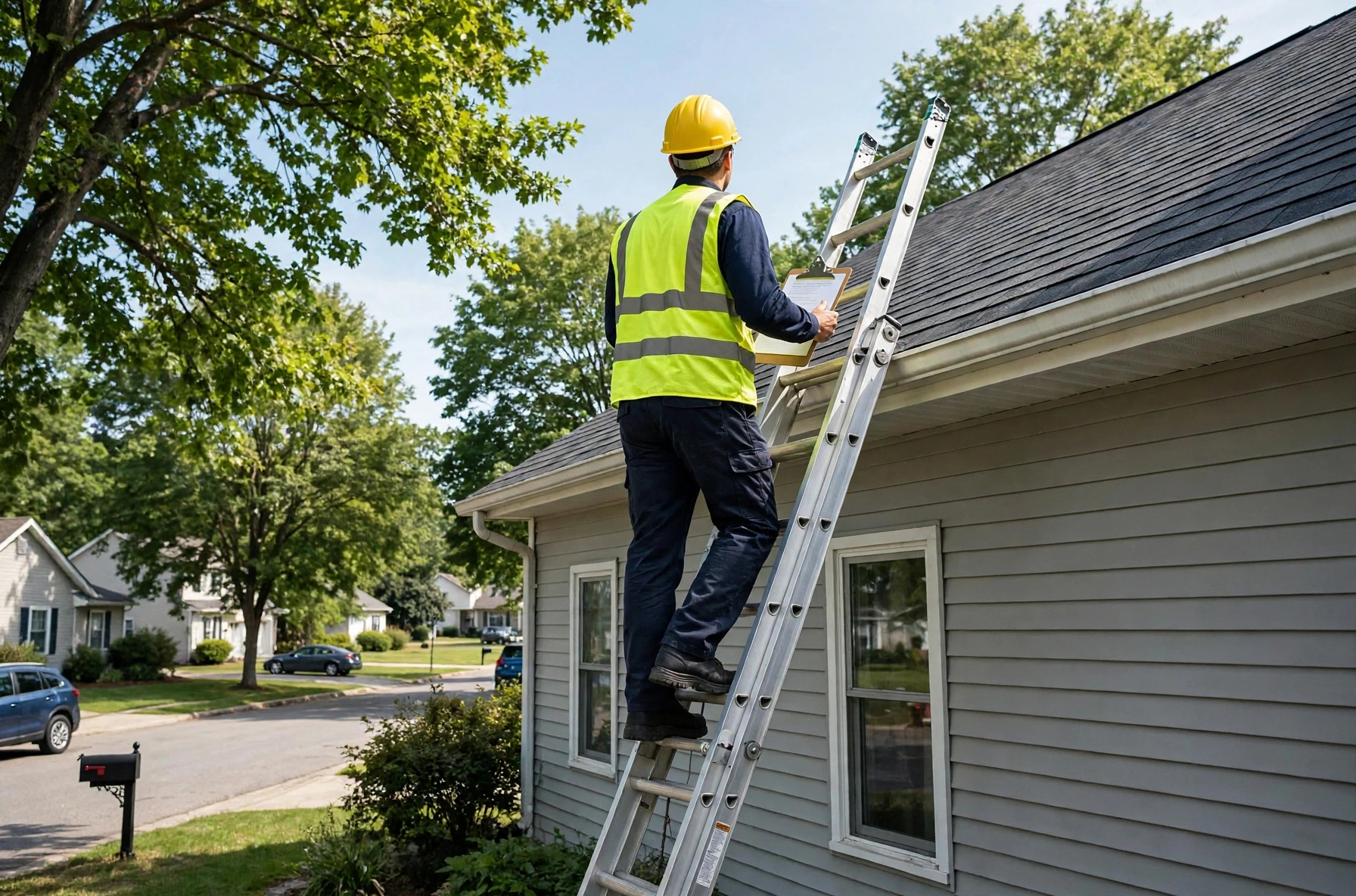 Roof inspector climbing a ladder to check an Owasso home for storm damage