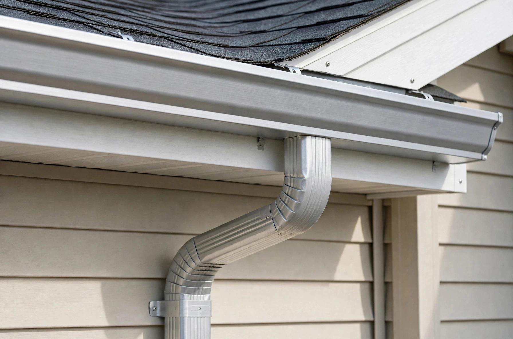 New seamless aluminum gutters installed along the eave of an Oklahoma home