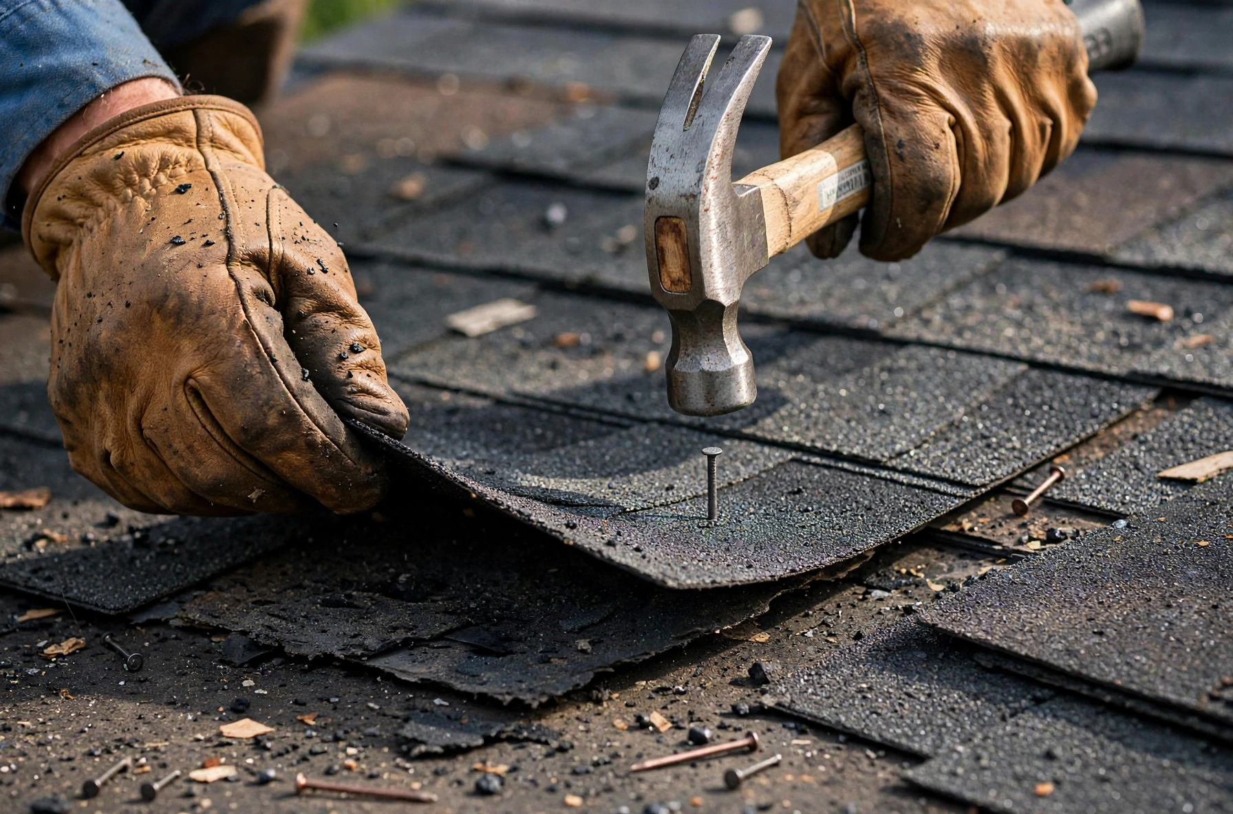 Roofers replacing damaged shingles on an Owasso home
