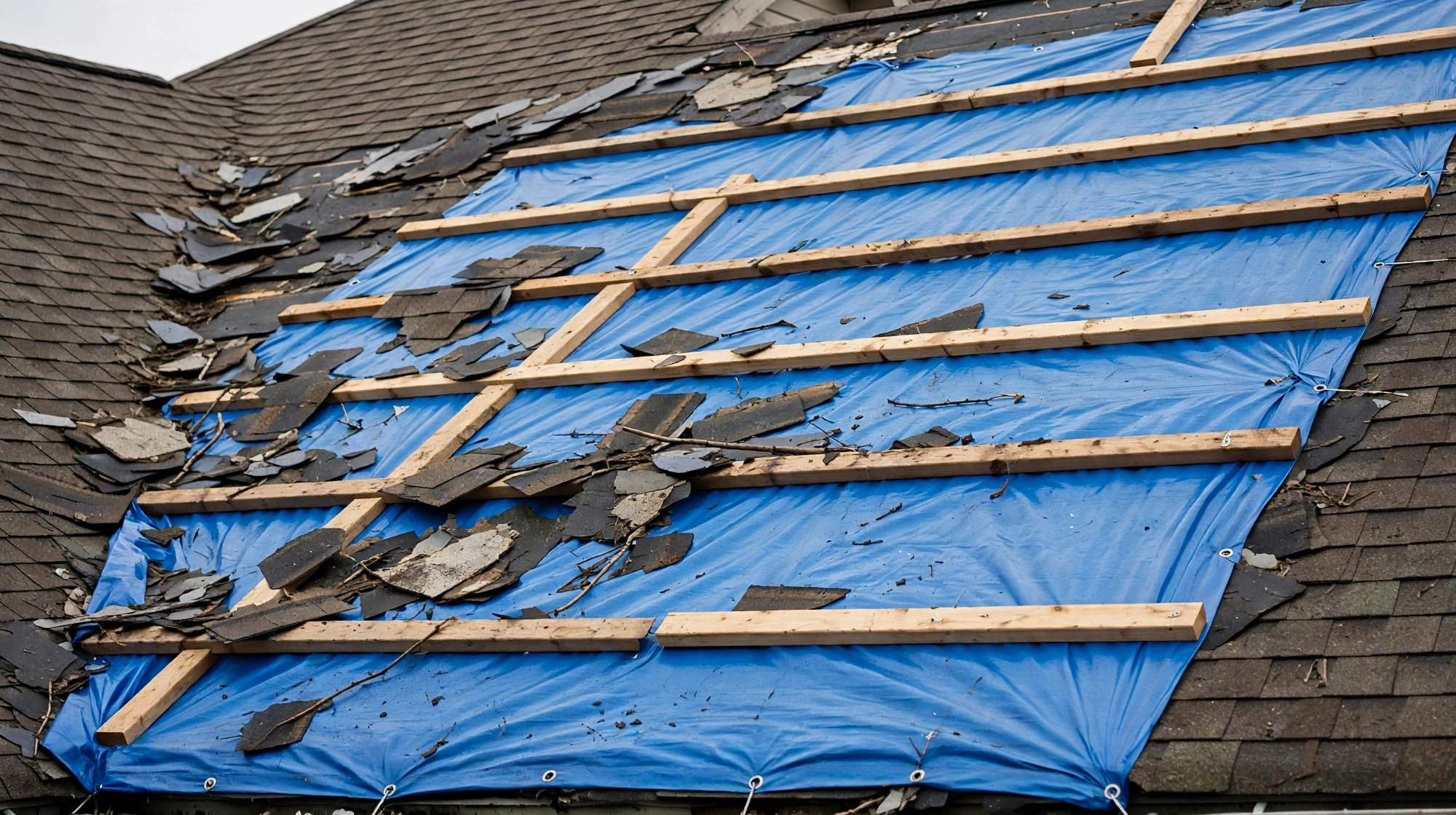 Emergency roof tarping secured over storm-damaged shingles in Owasso