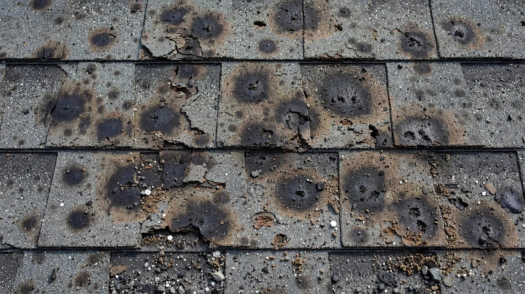 Close-up of hail-bruised shingles found during a hail damage inspection in Owasso