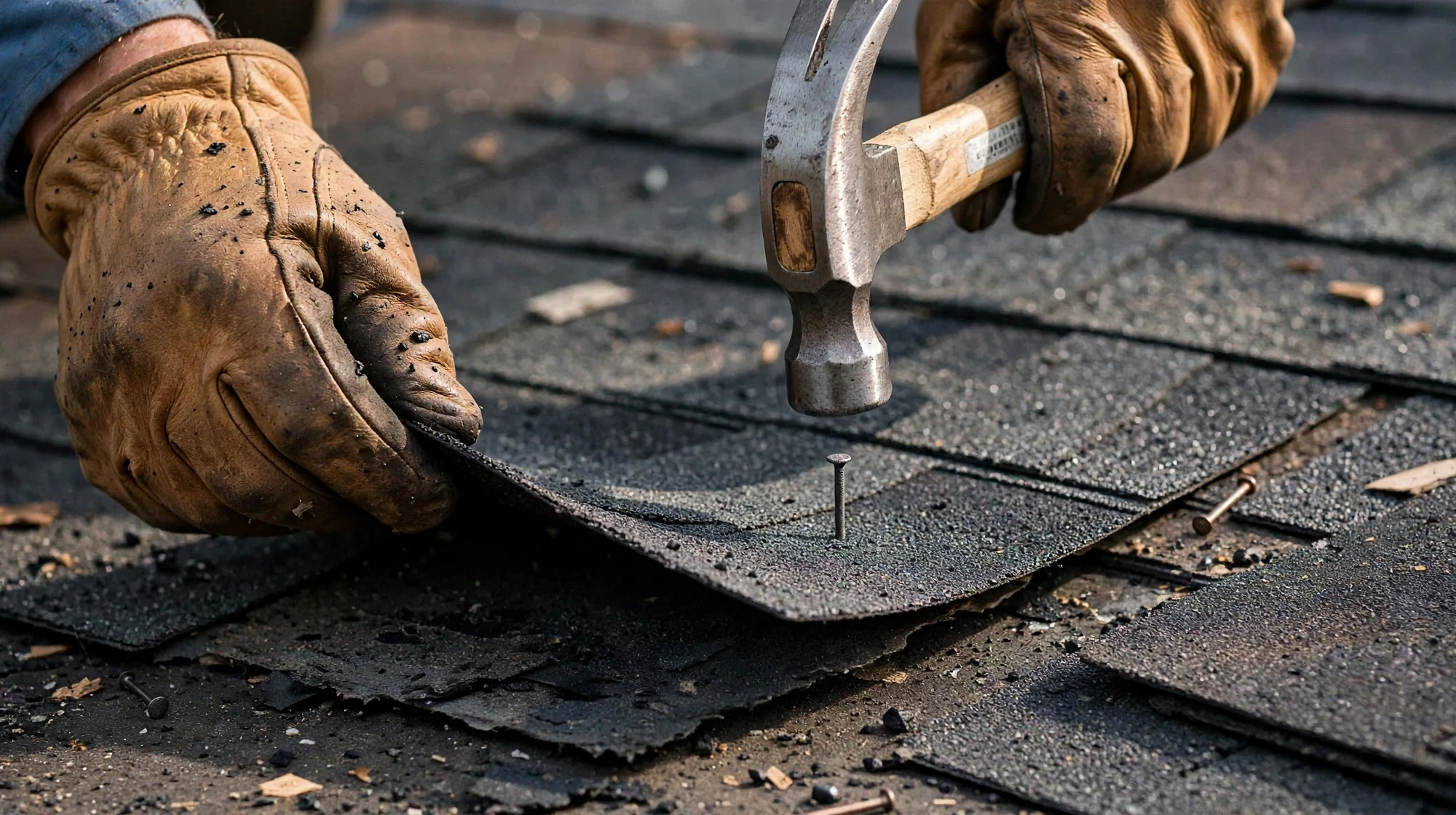 Roofer replacing storm-lifted shingles during a roof repair in Owasso