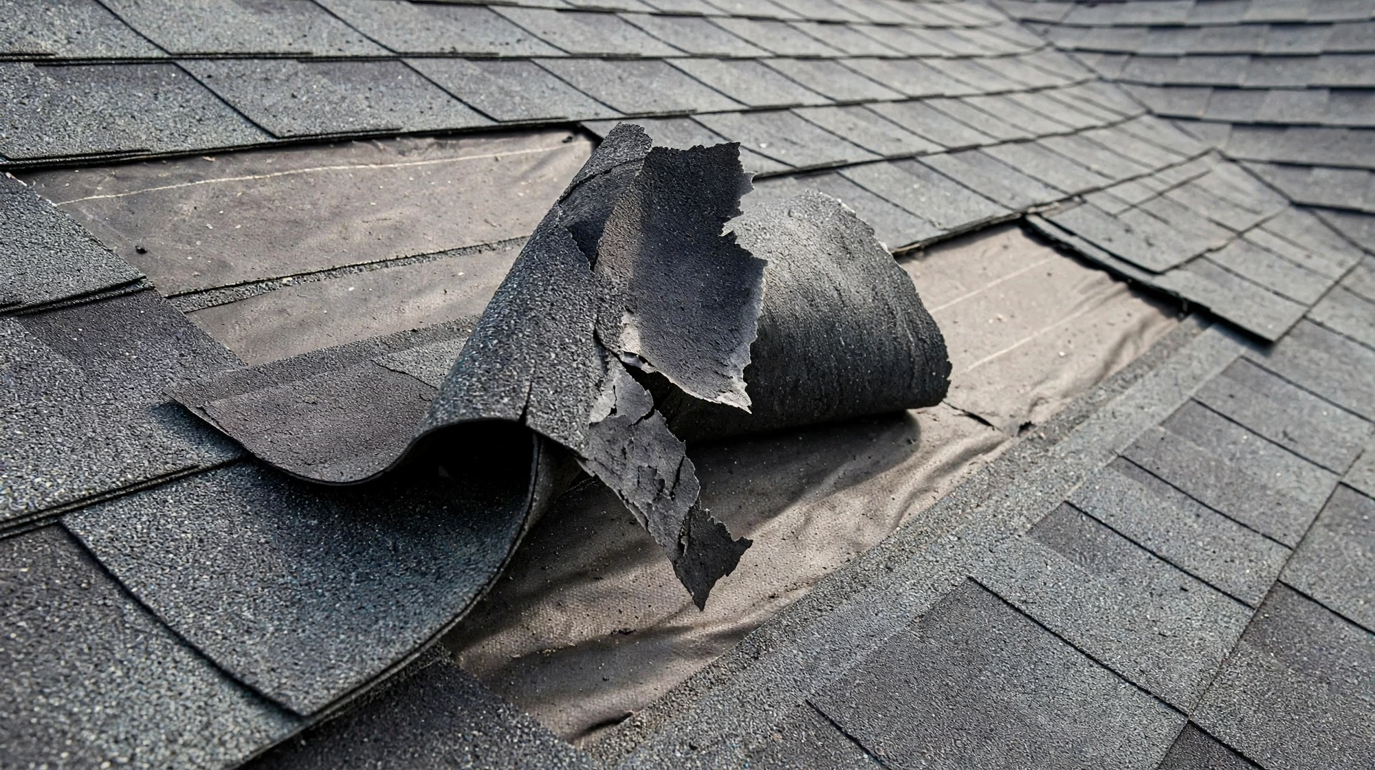 Wind-lifted shingles with broken seal strips on an Owasso home