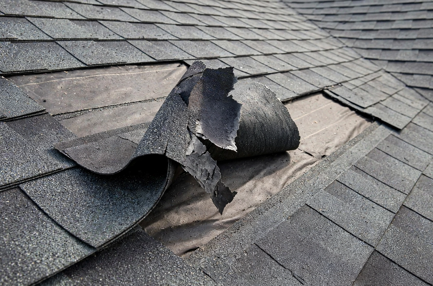 Wind-lifted asphalt shingle tabs with broken seal strips on an Owasso roof after a spring storm — the classic straight-line wind signature